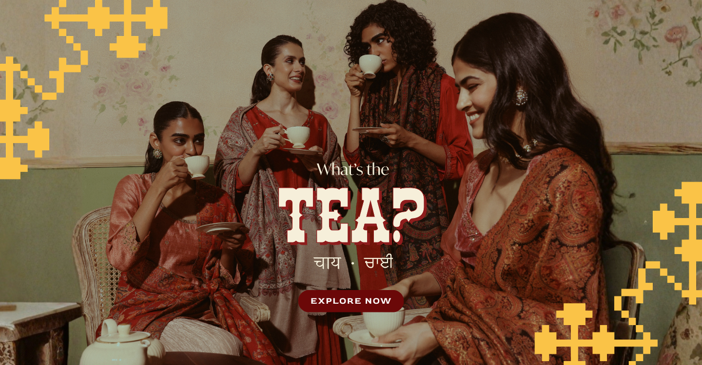 What’s the Tea? Women sharing tea in patterned Pashmoda shawls — explore the collection
