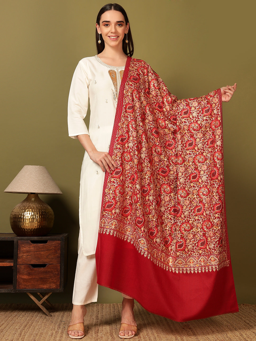 Pashmoda Women Ruhani Fine Wool Nalki Hand Embroidered Shawl (Size: 101x203 Cm)