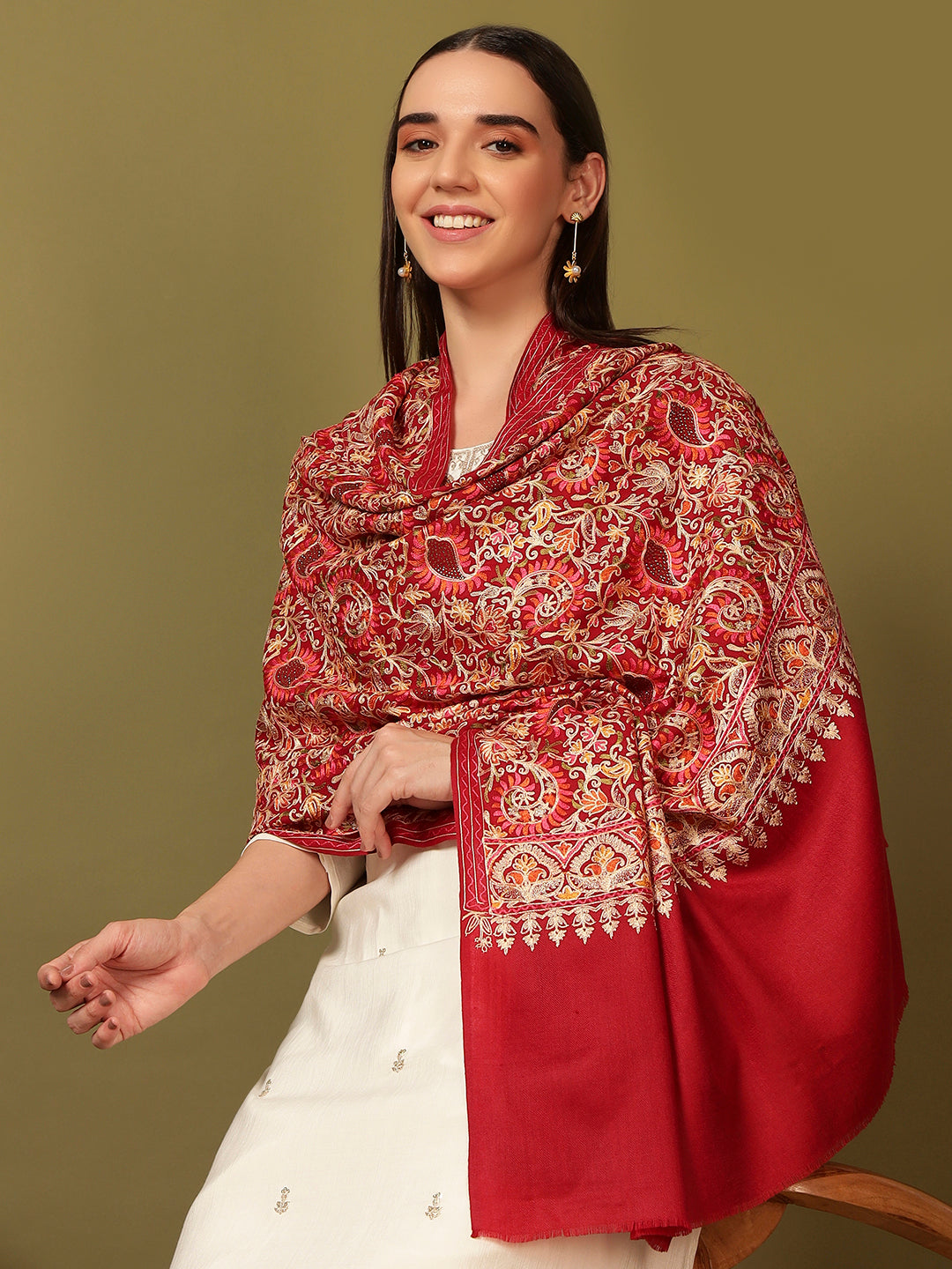 Pashmoda Women Ruhani Fine Wool Nalki Hand Embroidered Shawl (Size: 101x203 Cm)