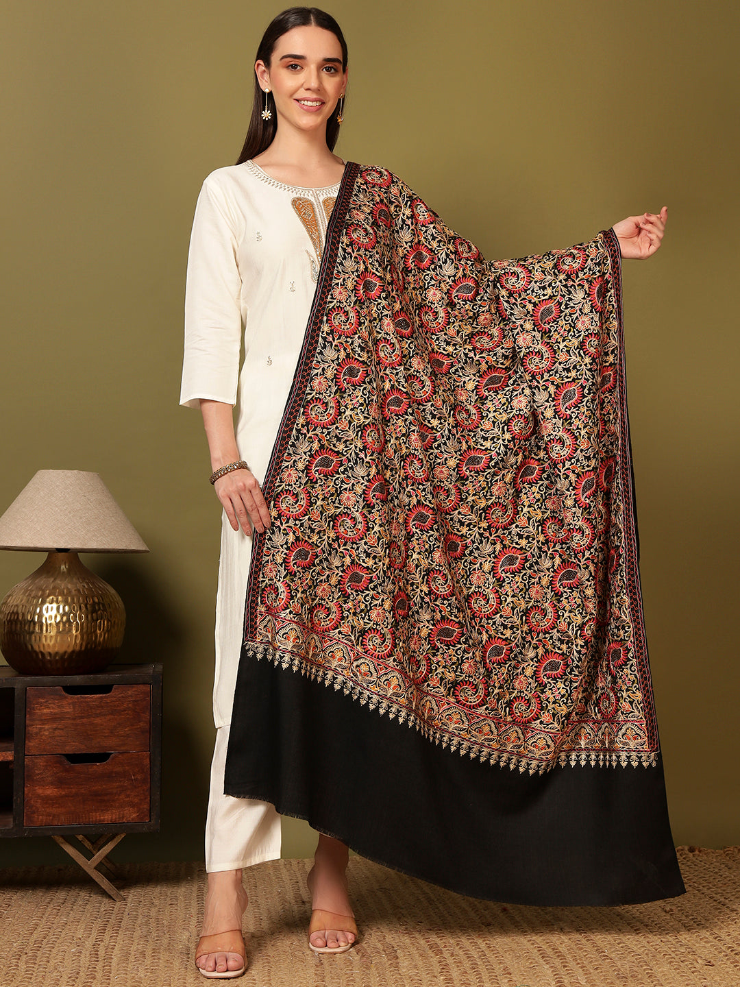 Pashmoda Women Ruhani Fine Wool Nalki Hand Embroidered Shawl (Size: 101x203 Cm)