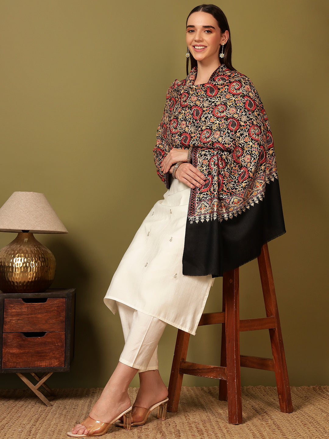 Pashmoda Women Ruhani Fine Wool Nalki Hand Embroidered Shawl (Size: 101x203 Cm)