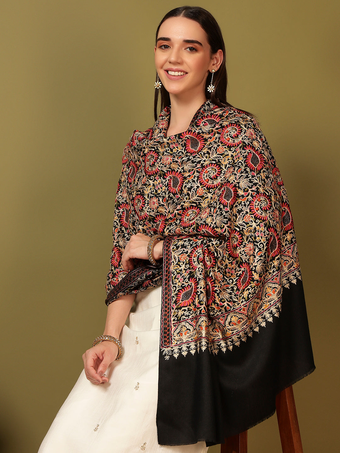 Pashmoda Women Ruhani Fine Wool Nalki Hand Embroidered Shawl (Size: 101x203 Cm)