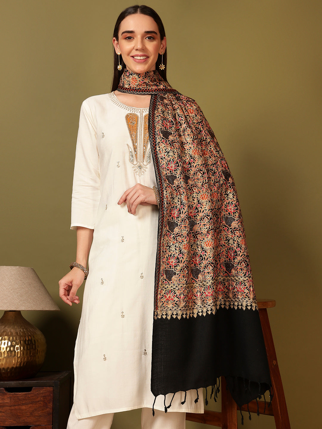 Pashmoda Women Hunar Fine Wool Nalki Embroidered Stole (Size : 71X203 CM)