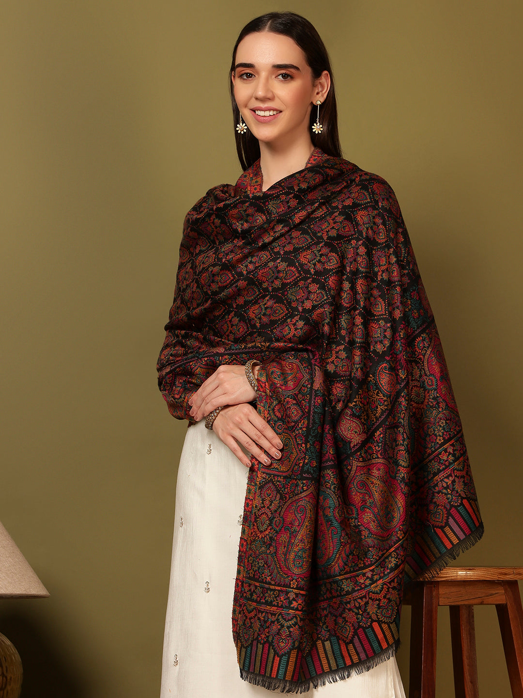 Pashmoda Women Gulraiz Kaani Wool Blend Kashmiri Shawl (Size: 101X203 CM)