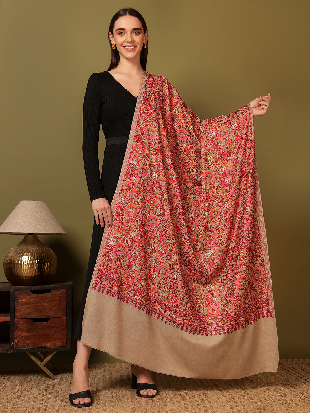 Pashmoda Women Ruhani Fine Wool Nalki Hand Embroidered Shawl (Size: 101x203 Cm)