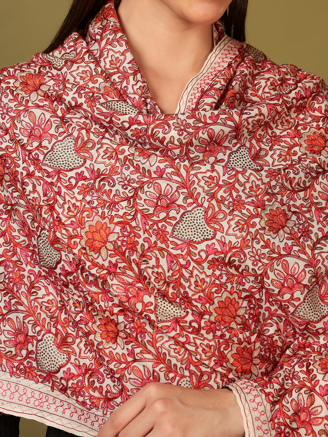 Pashmoda Women Hunar Fine Wool Nalki Embroidered Stole (Size : 71X203 CM)