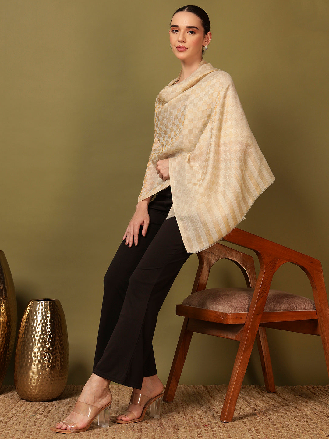 Pashmoda Women Champagne Check Reversible Zari Moonlight Fine Wool Stole (Size: 71x203 Cm)