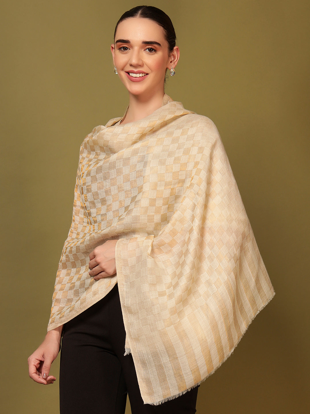 Pashmoda Women Champagne Check Reversible Zari Moonlight Fine Wool Stole (Size: 71x203 Cm)