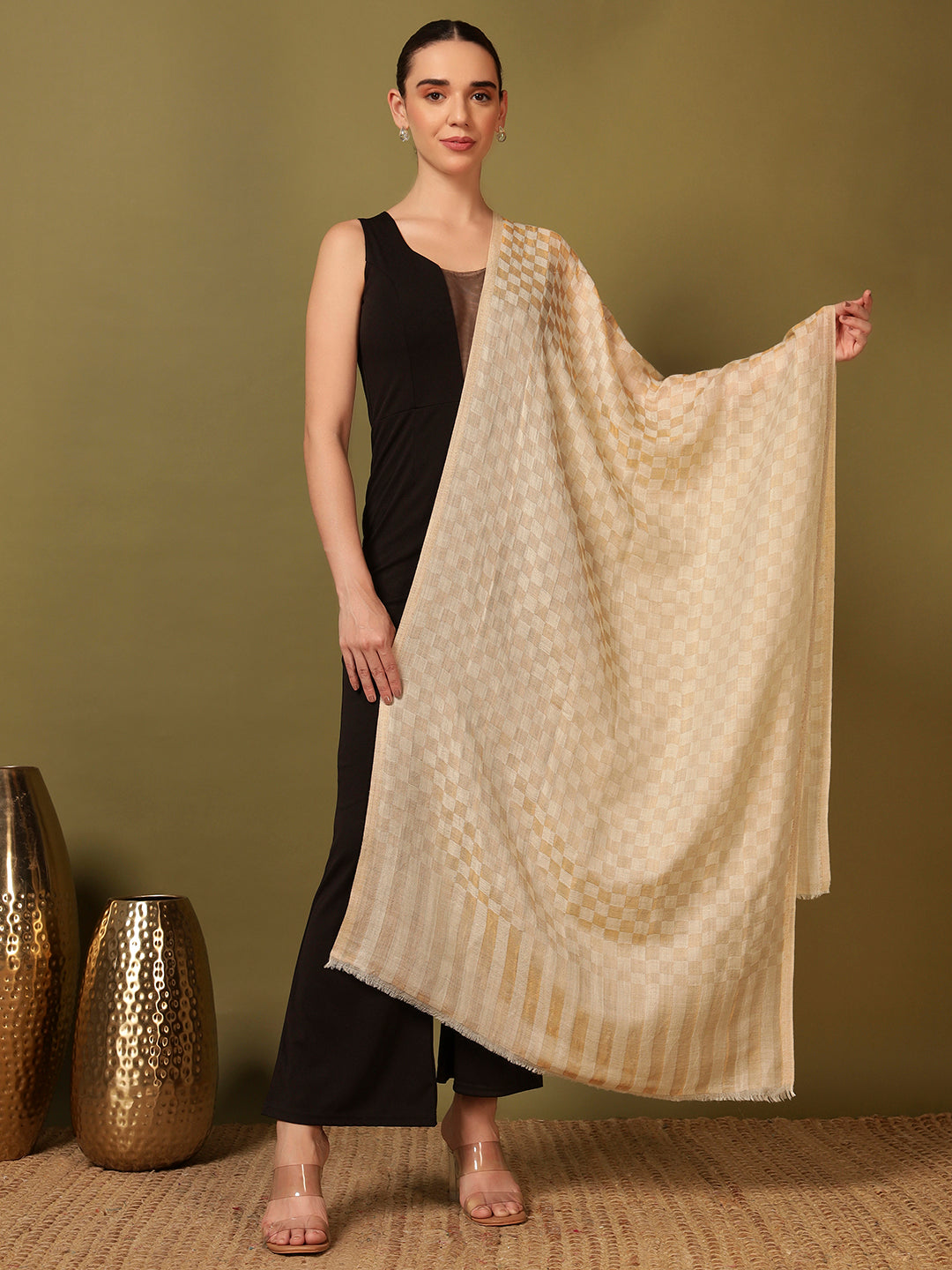 Pashmoda Women Champagne Check Reversible Zari Moonlight Fine Wool Stole (Size: 71x203 Cm)