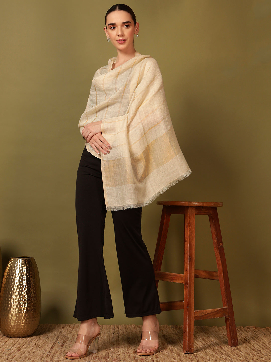 Pashmoda Women Parallel Grace Reversible Zari Moonlight Fine Wool Stole (Size: 71x203 Cm)