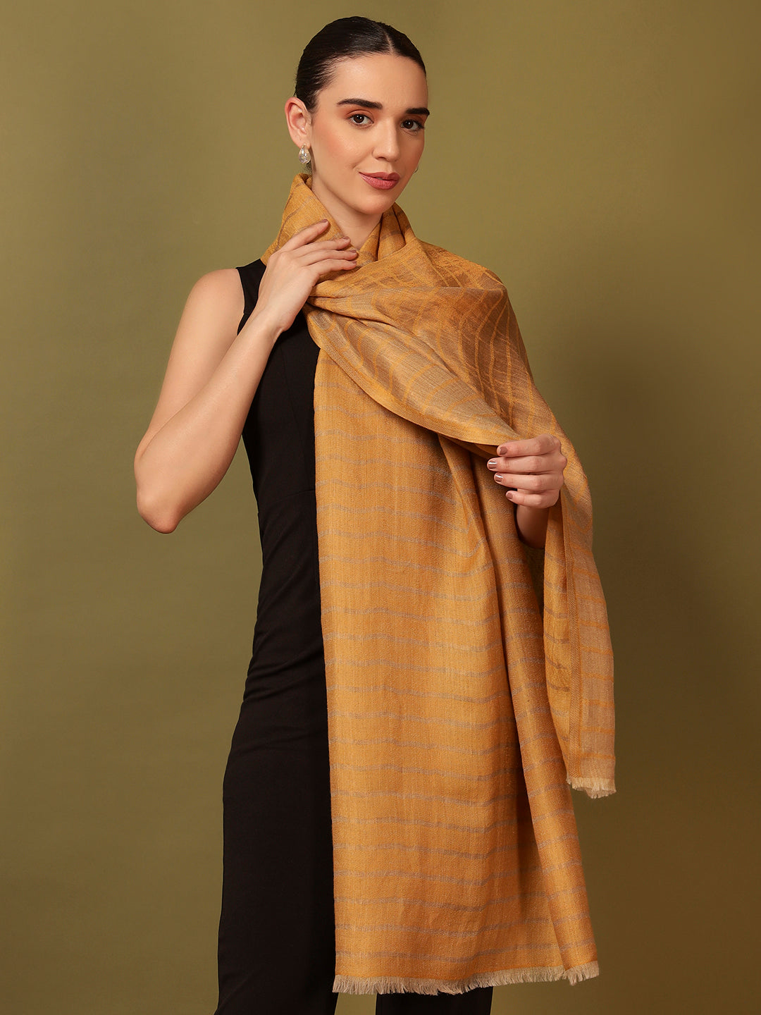 Pashmoda Women Golden Mirage Reversible Zari Moonlight Fine Wool Stole (Size: 71x203 Cm)