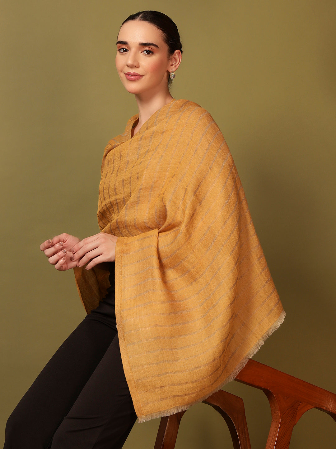 Pashmoda Women Golden Mirage Reversible Zari Moonlight Fine Wool Stole (Size: 71x203 Cm)