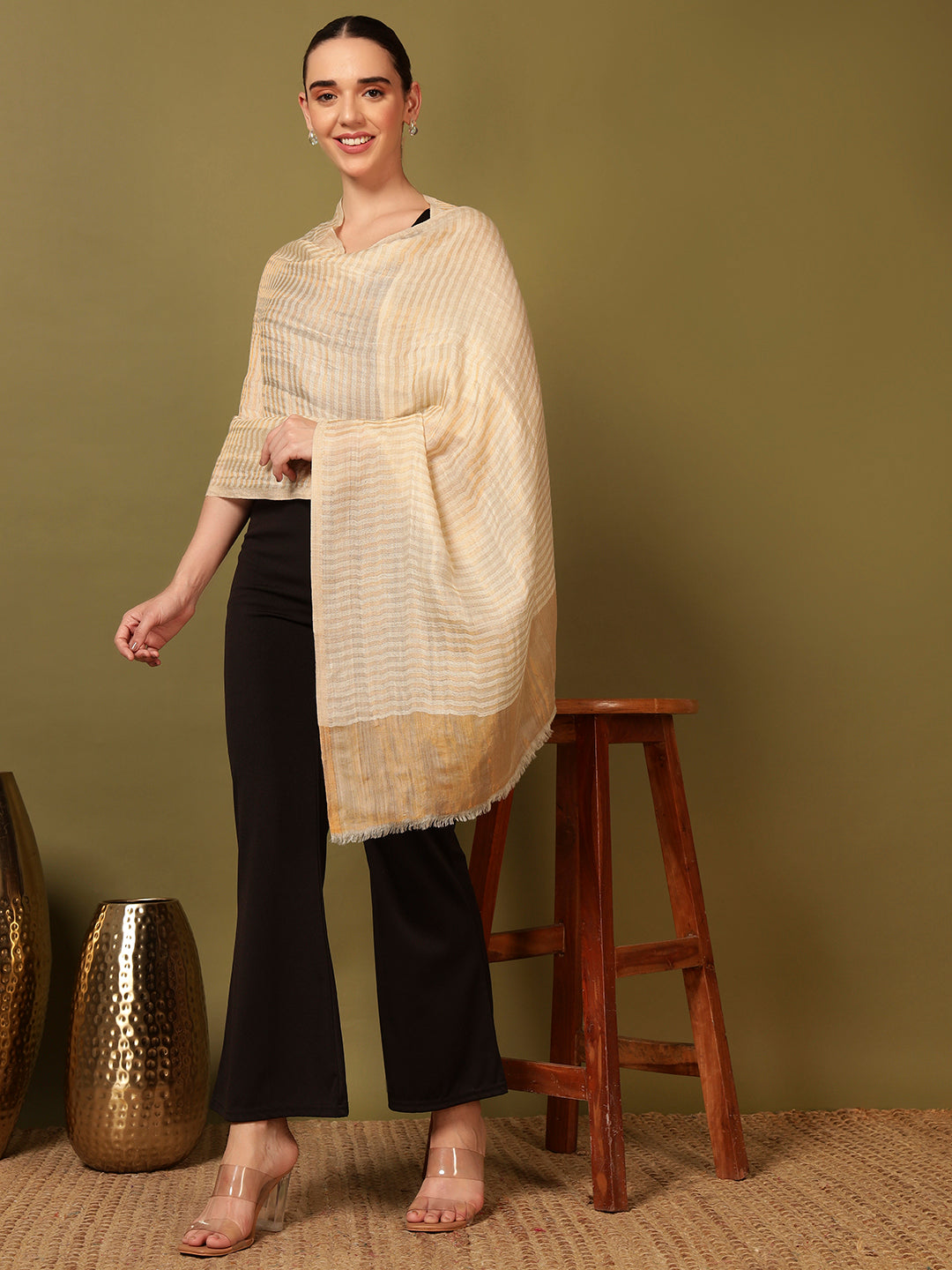 Pashmoda Women Golden Eclipse Reversible Zari Moonlight Fine Wool Stole (Size: 71x203 Cm)