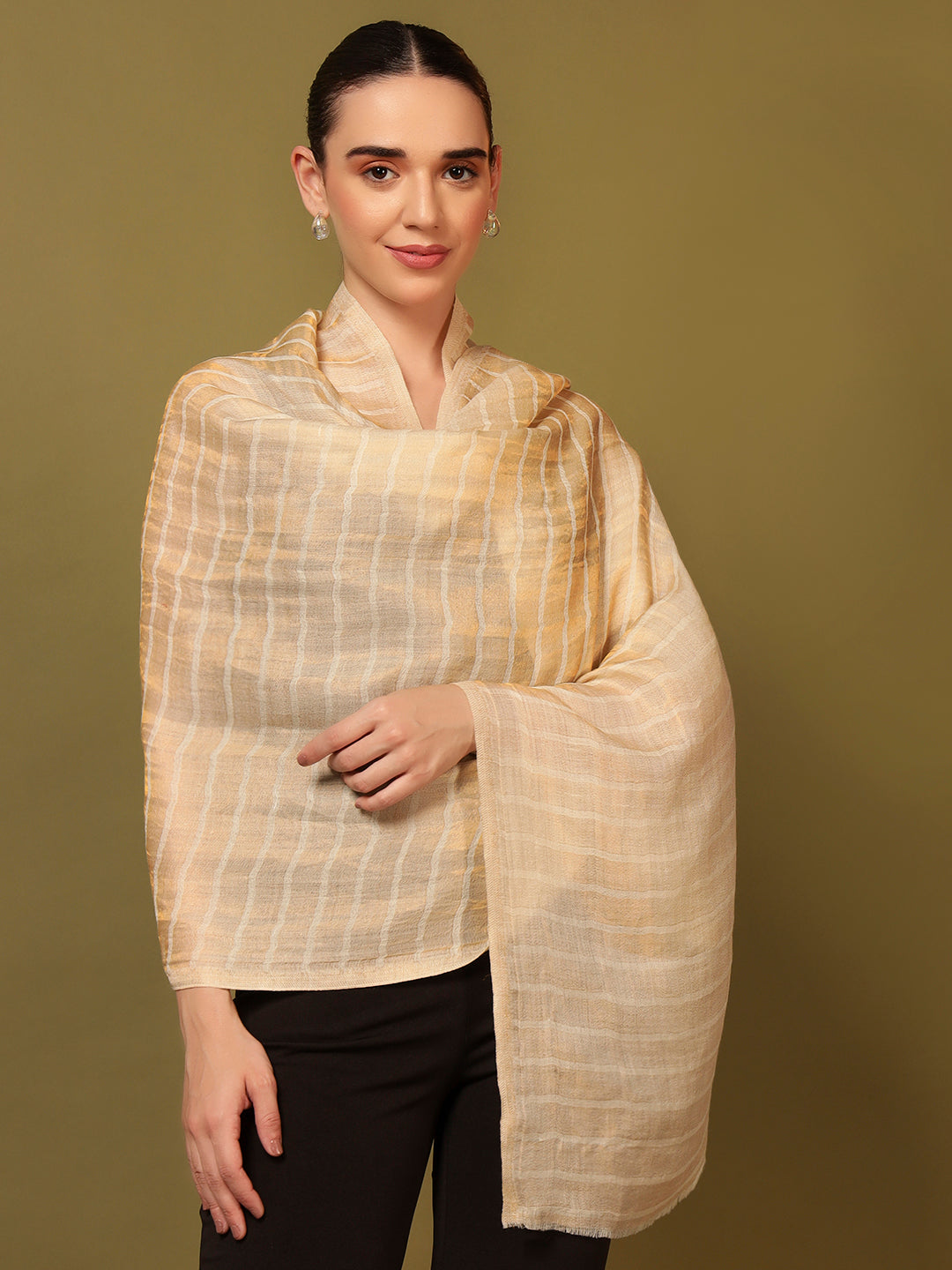 Pashmoda Women Golden Mirage Reversible Zari Moonlight Fine Wool Stole (Size: 71x203 Cm)