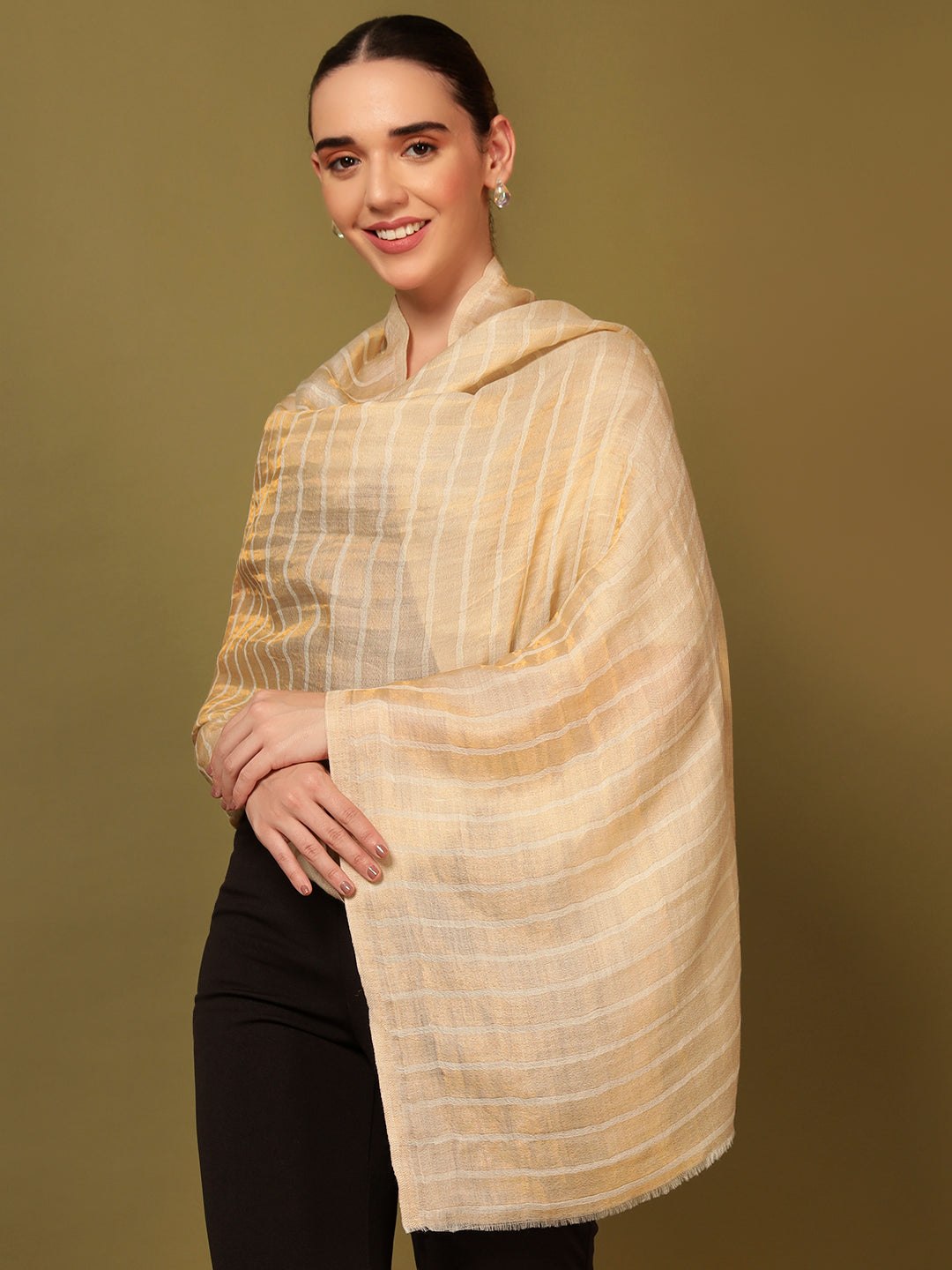 Pashmoda Women Golden Mirage Reversible Zari Moonlight Fine Wool Stole (Size: 71x203 Cm)