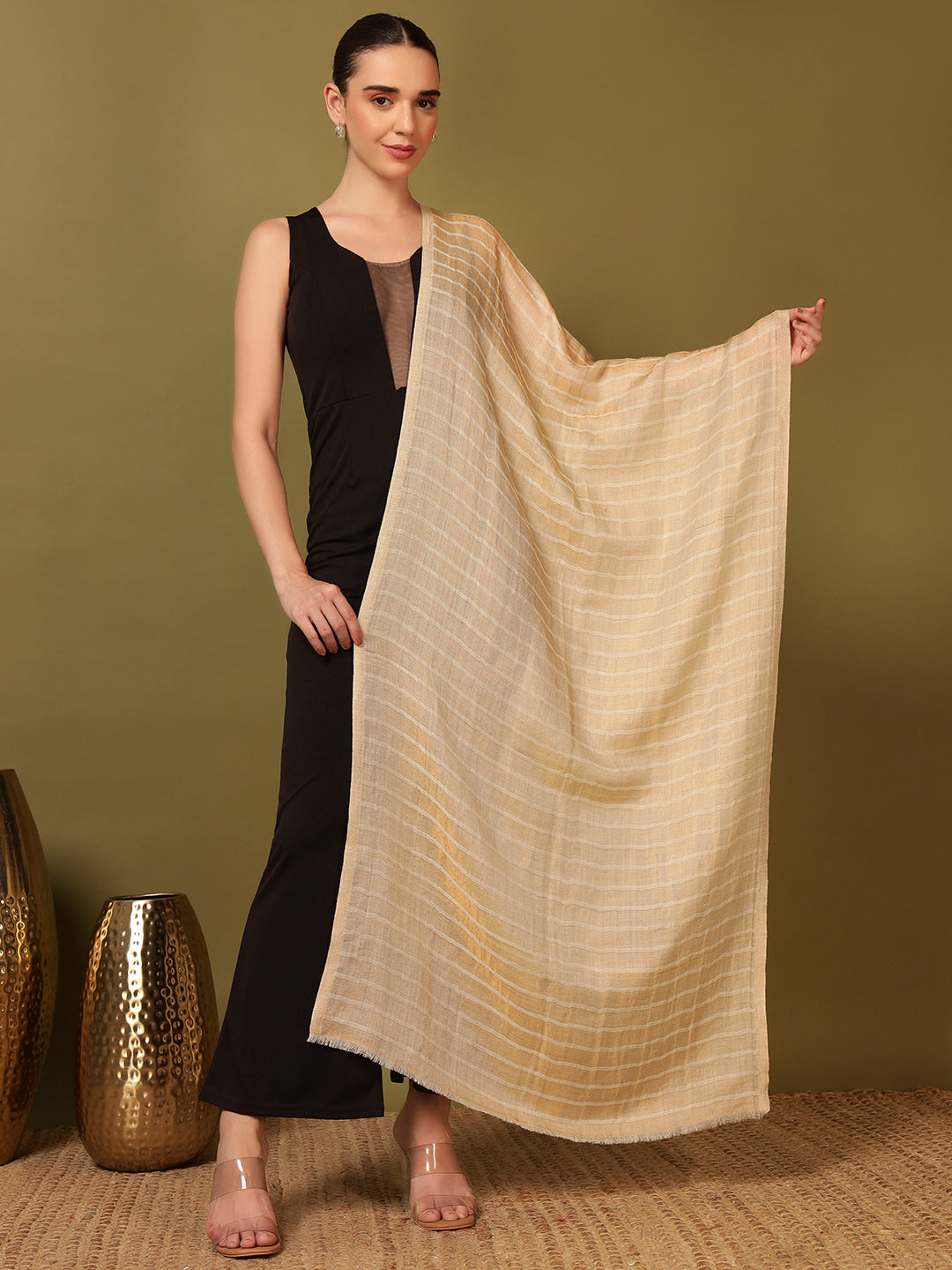 Pashmoda Women Golden Mirage Reversible Zari Moonlight Fine Wool Stole (Size: 71x203 Cm)
