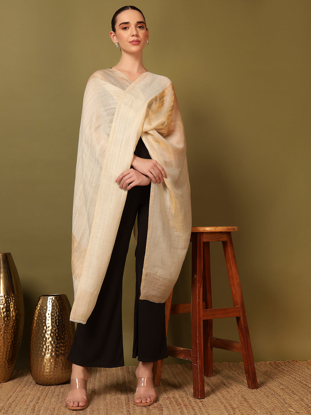 Pashmoda Women Midnight Bronze Reversible Zari Moonlight Fine Wool Stole (Size: 71x203 Cm)