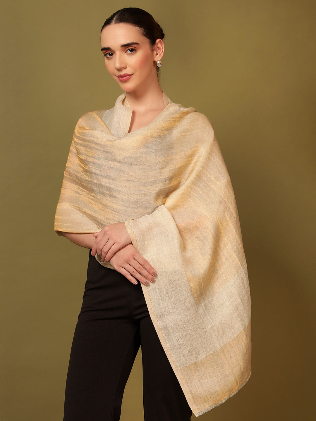 Pashmoda Women Midnight Bronze Reversible Zari Moonlight Fine Wool Stole (Size: 71x203 Cm)