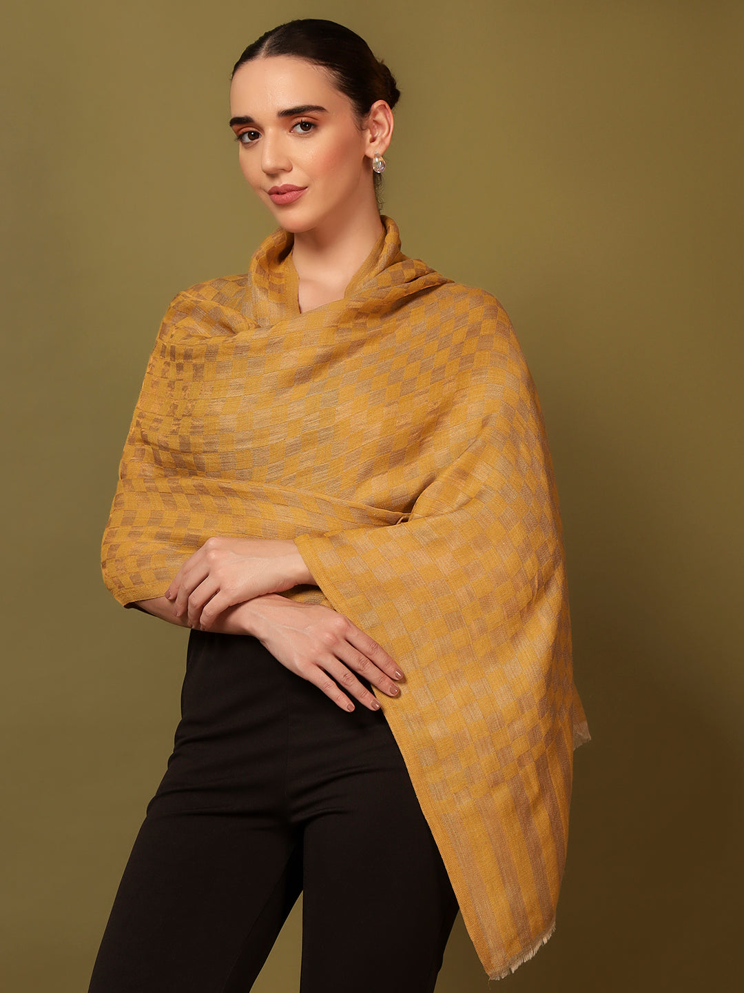 Pashmoda Women Champagne Check Reversible Zari Moonlight Fine Wool Stole (Size: 71x203 Cm)