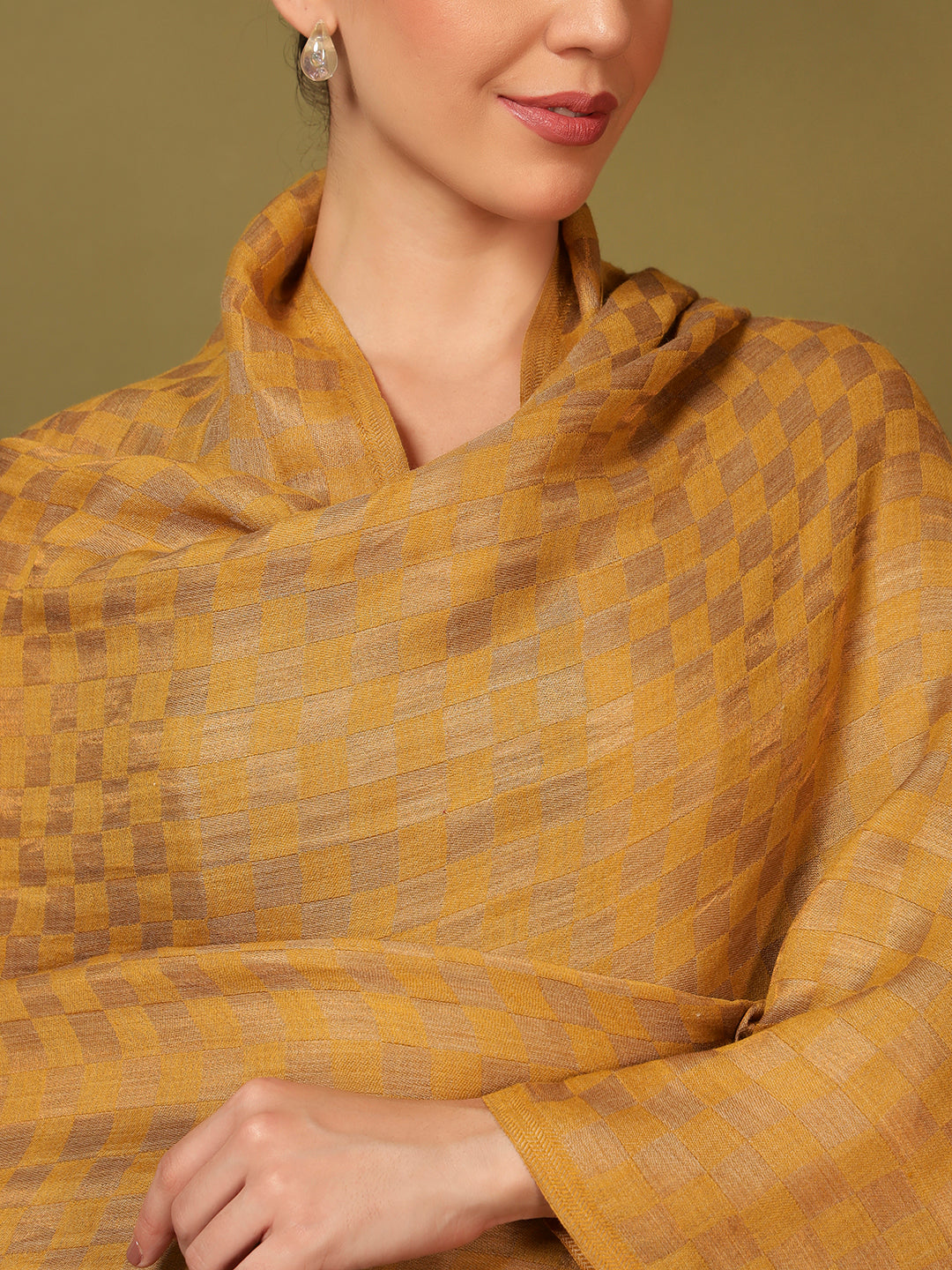 Pashmoda Women Champagne Check Reversible Zari Moonlight Fine Wool Stole (Size: 71x203 Cm)