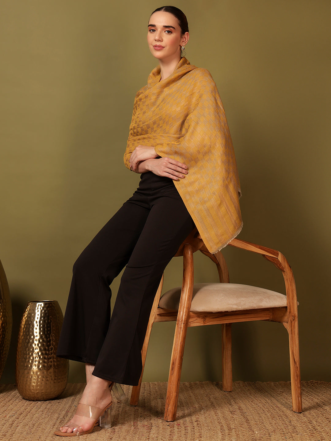 Pashmoda Women Champagne Check Reversible Zari Moonlight Fine Wool Stole (Size: 71x203 Cm)