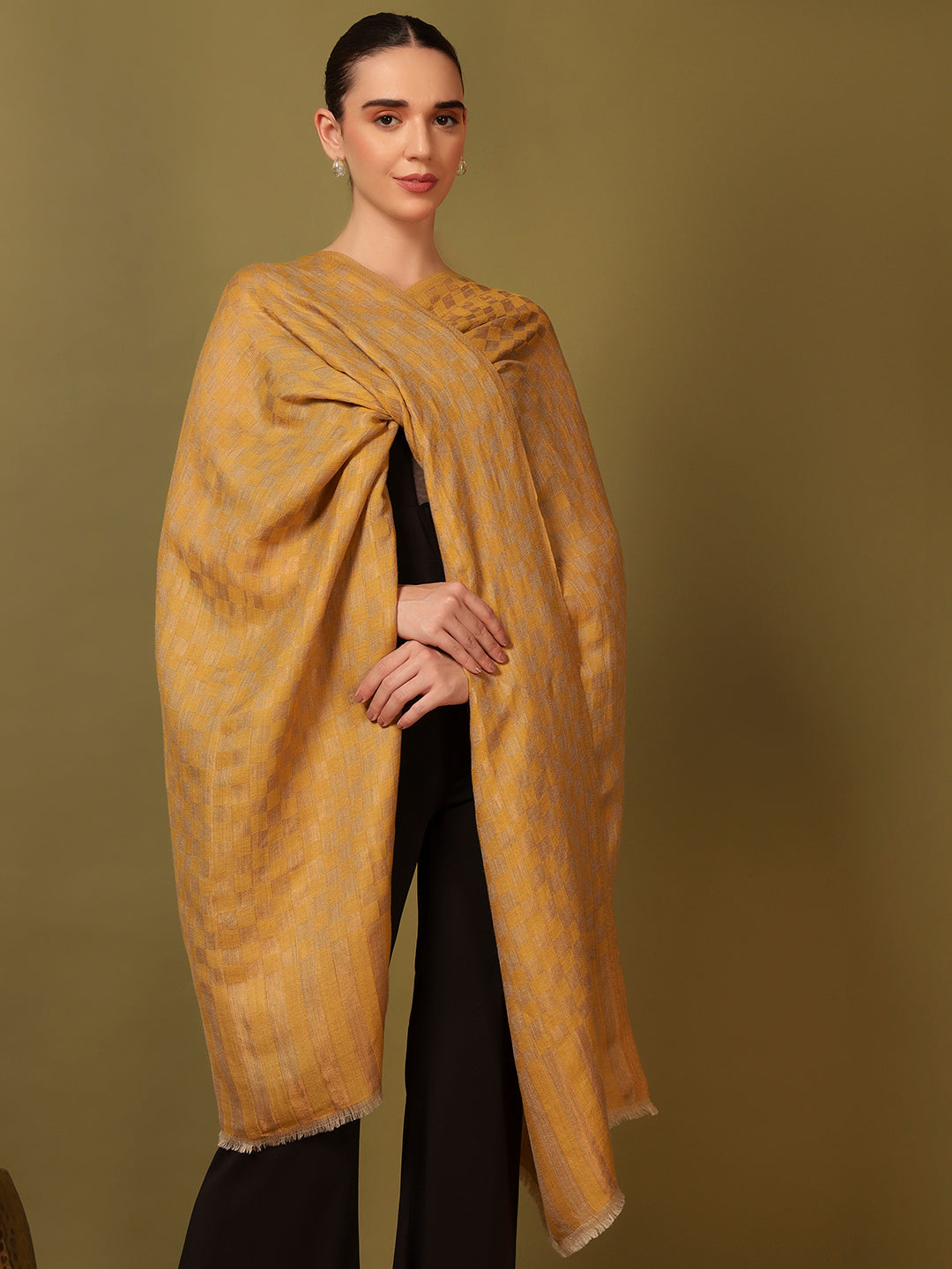 Pashmoda Women Champagne Check Reversible Zari Moonlight Fine Wool Stole (Size: 71x203 Cm)