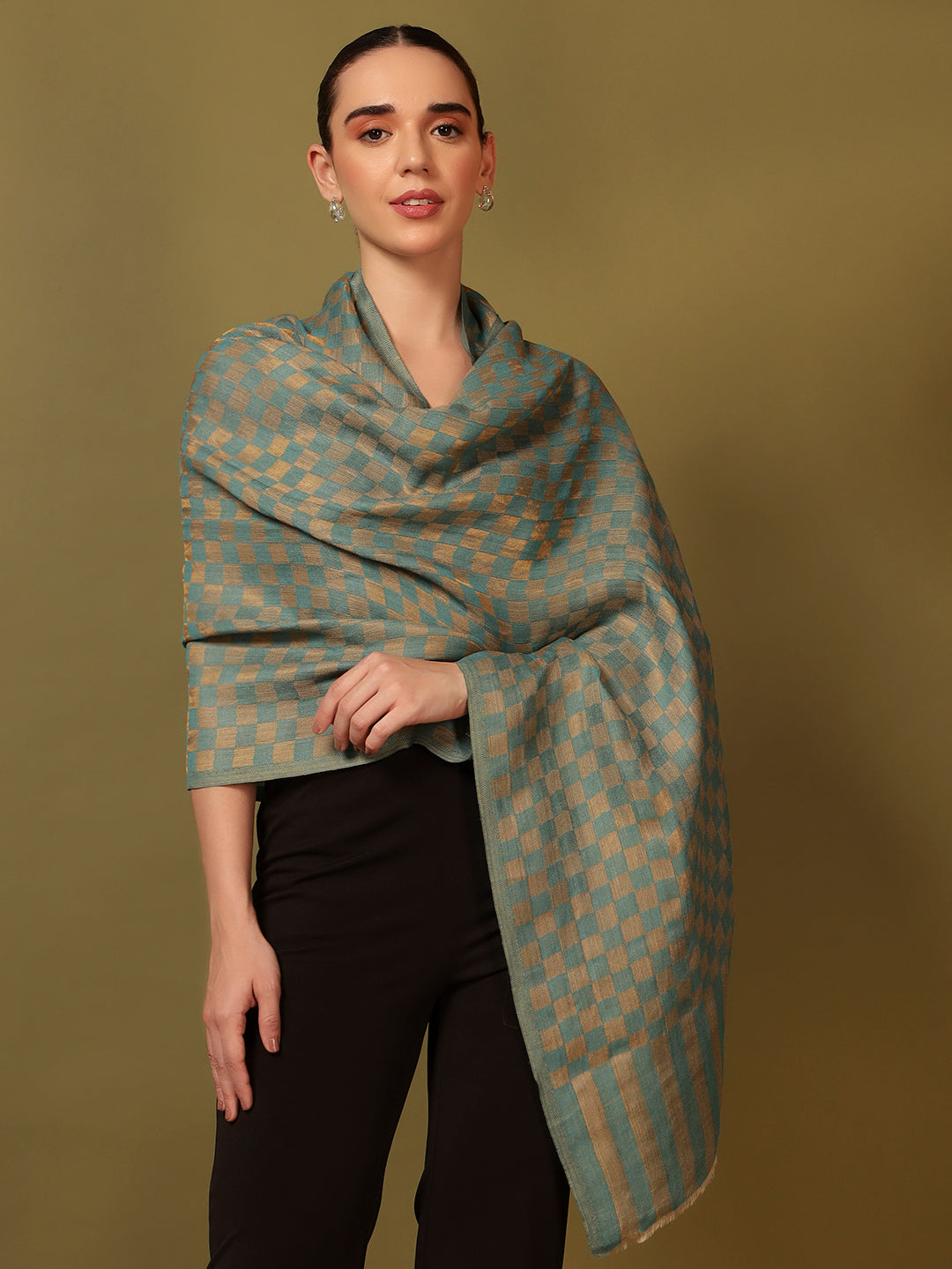 Pashmoda Women Champagne Check Reversible Zari Moonlight Fine Wool Stole (Size: 71x203 Cm)