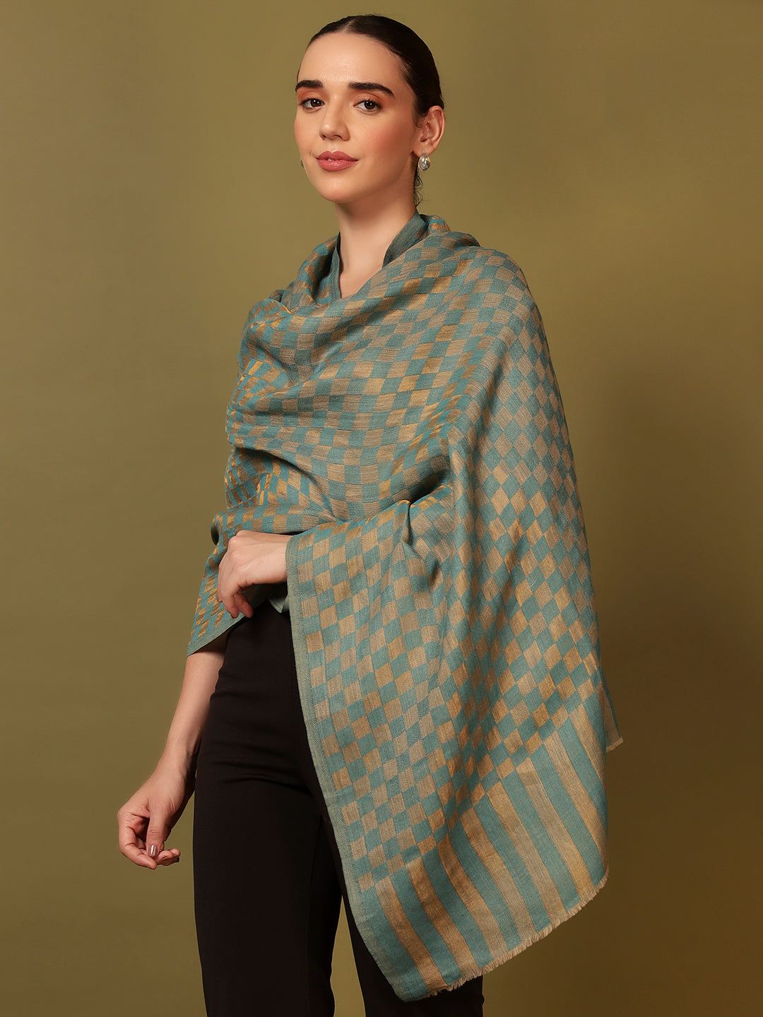 Pashmoda Women Champagne Check Reversible Zari Moonlight Fine Wool Stole (Size: 71x203 Cm)