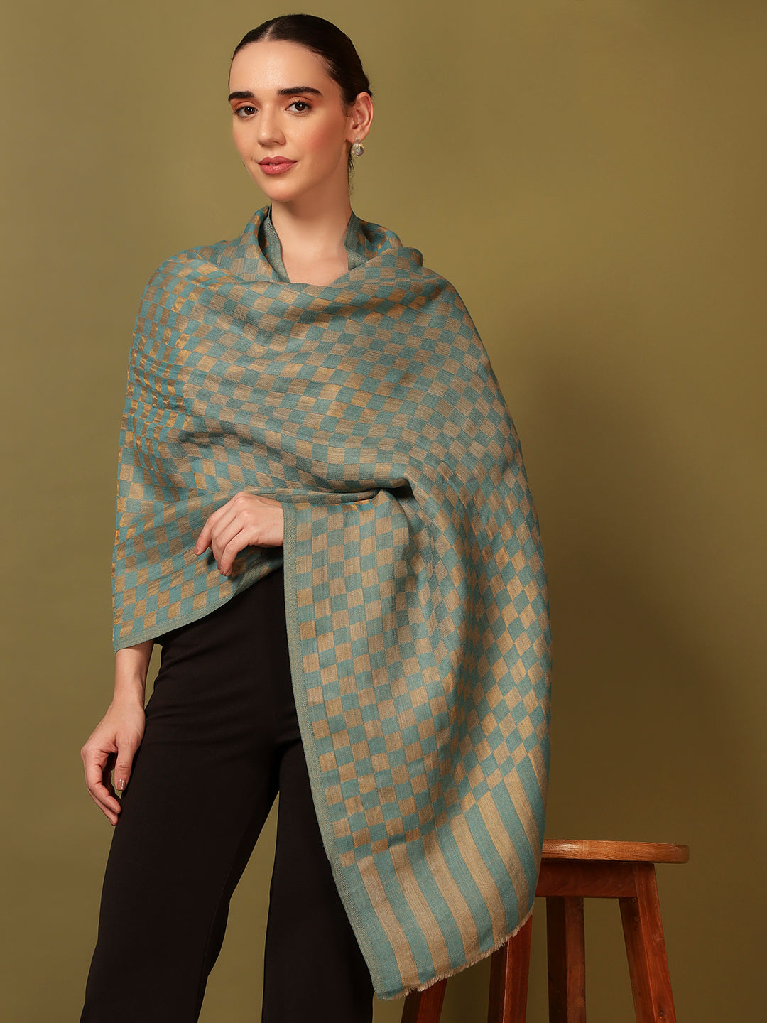 Pashmoda Women Champagne Check Reversible Zari Moonlight Fine Wool Stole (Size: 71x203 Cm)