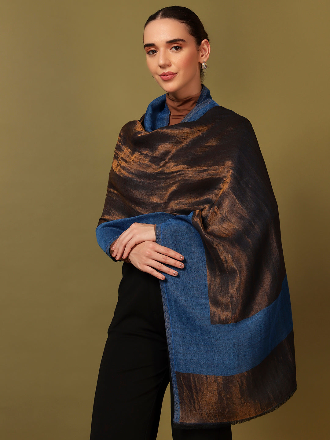 Pashmoda Women Midnight Bronze Reversible Zari Moonlight Fine Wool Stole (Size: 71x203 Cm)