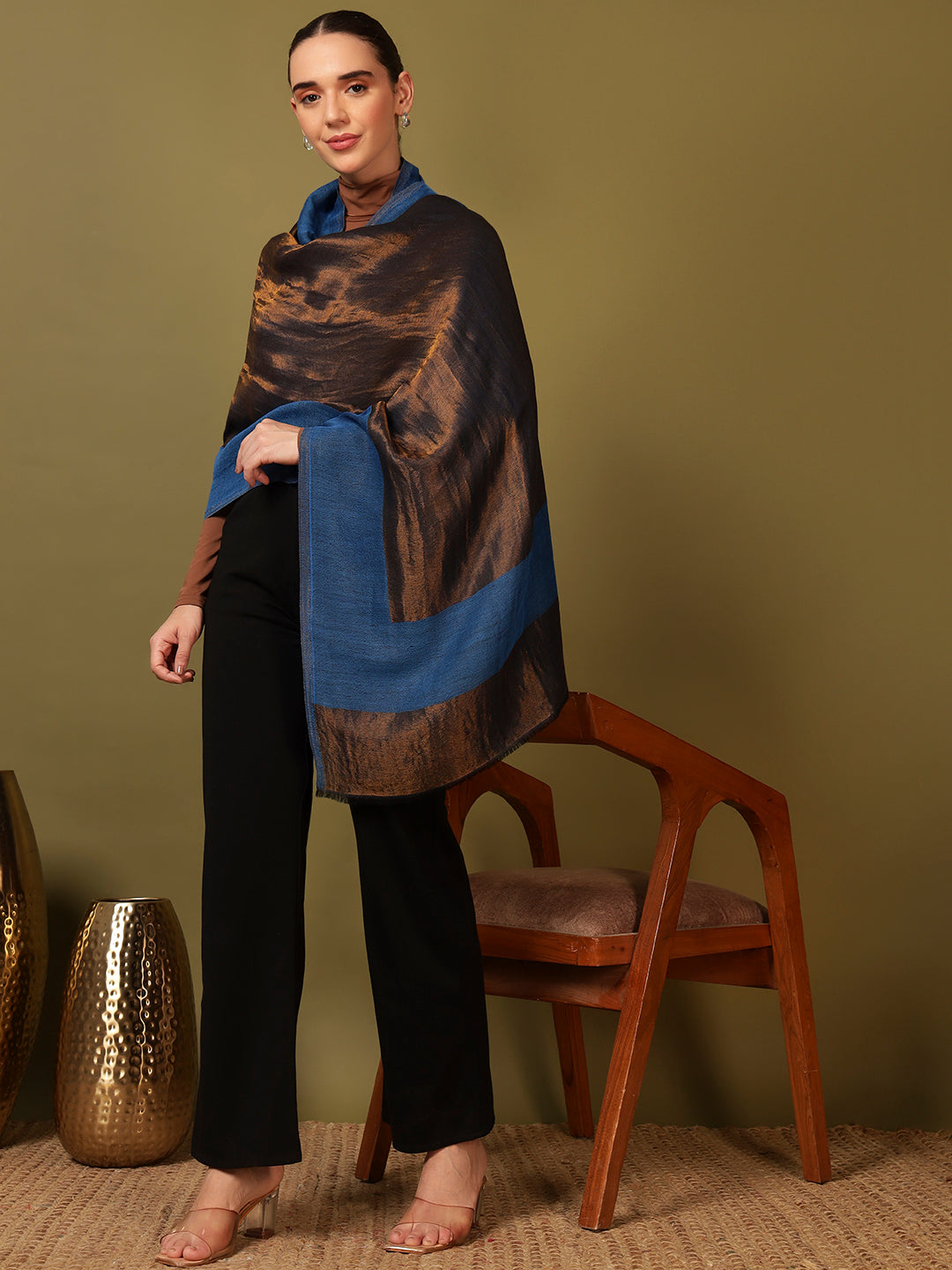 Pashmoda Women Midnight Bronze Reversible Zari Moonlight Fine Wool Stole (Size: 71x203 Cm)