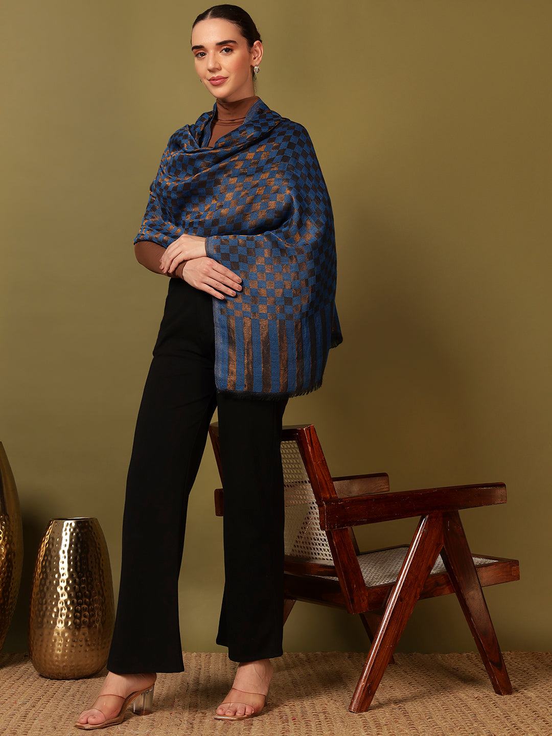 Pashmoda Women Champagne Check Reversible Zari Moonlight Fine Wool Stole (Size: 71x203 Cm)