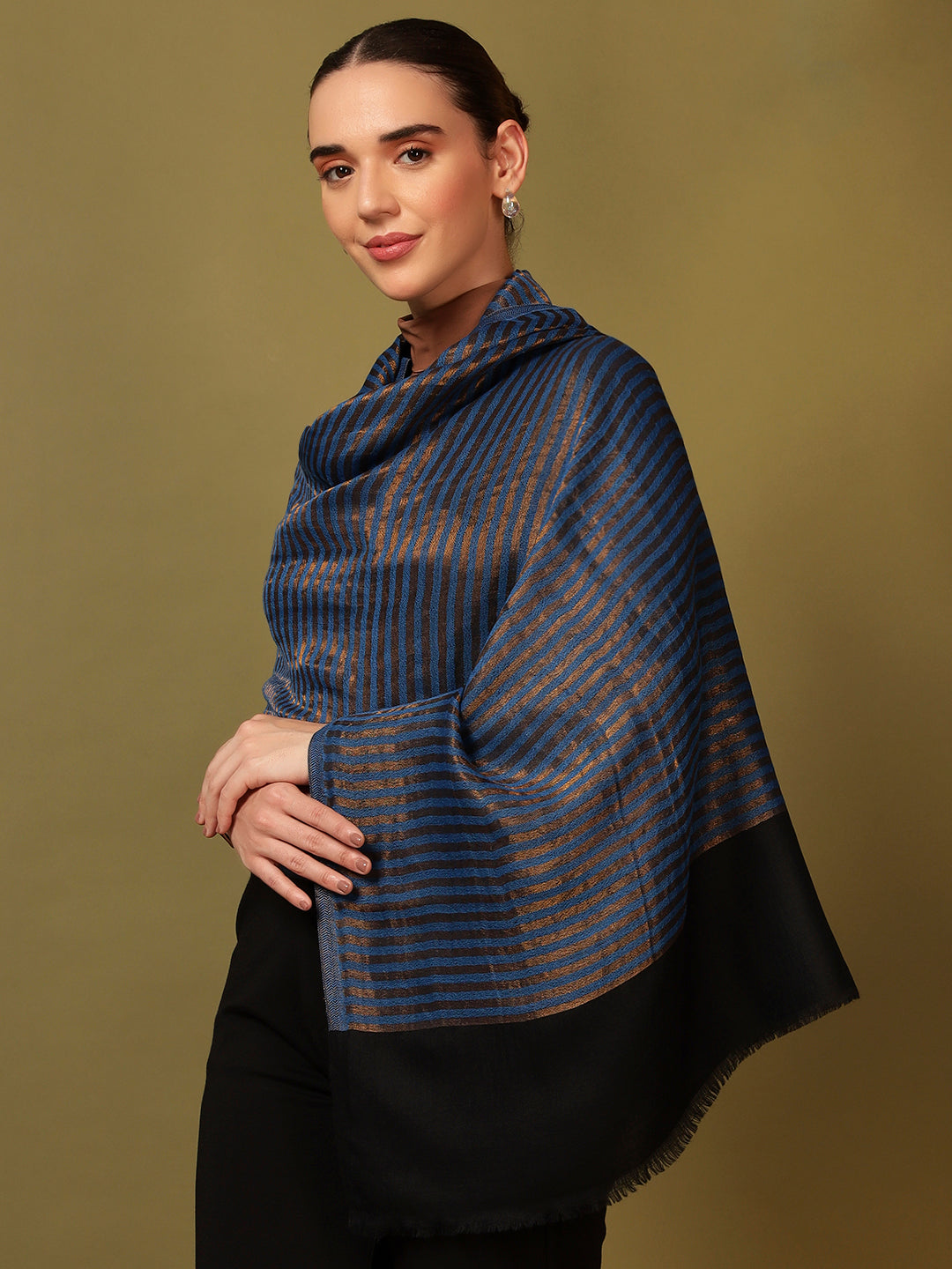 Pashmoda Women Golden Eclipse Reversible Zari Moonlight Fine Wool Stole (Size: 71x203 Cm)