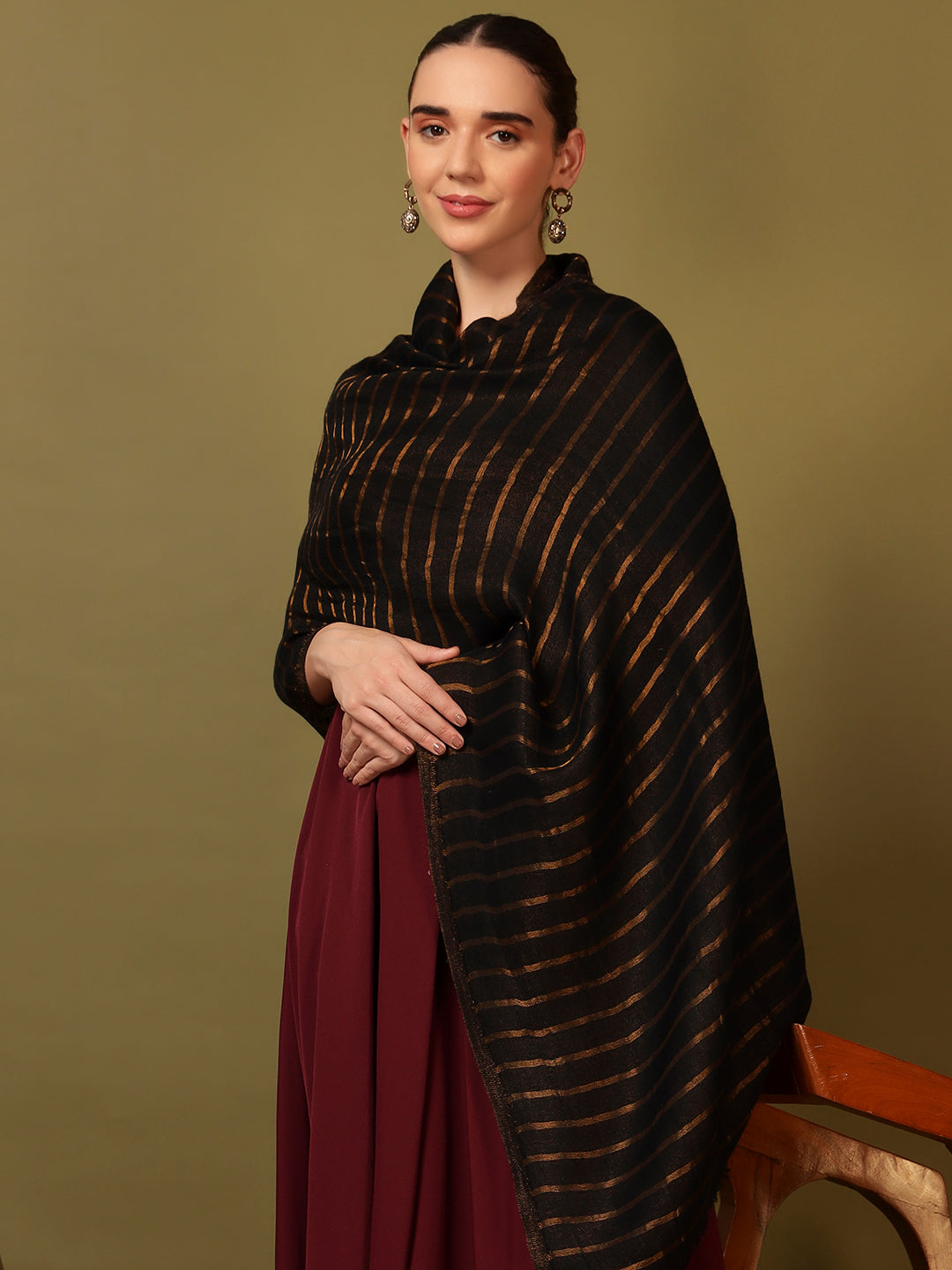 Pashmoda Women Golden Mirage Reversible Zari Moonlight Fine Wool Stole (Size: 71x203 Cm)