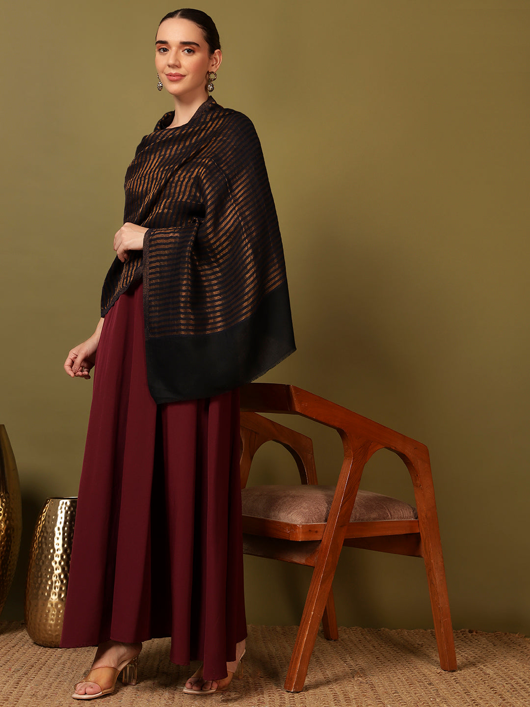 Pashmoda Women Golden Eclipse Reversible Zari Moonlight Fine Wool Stole (Size: 71x203 Cm)