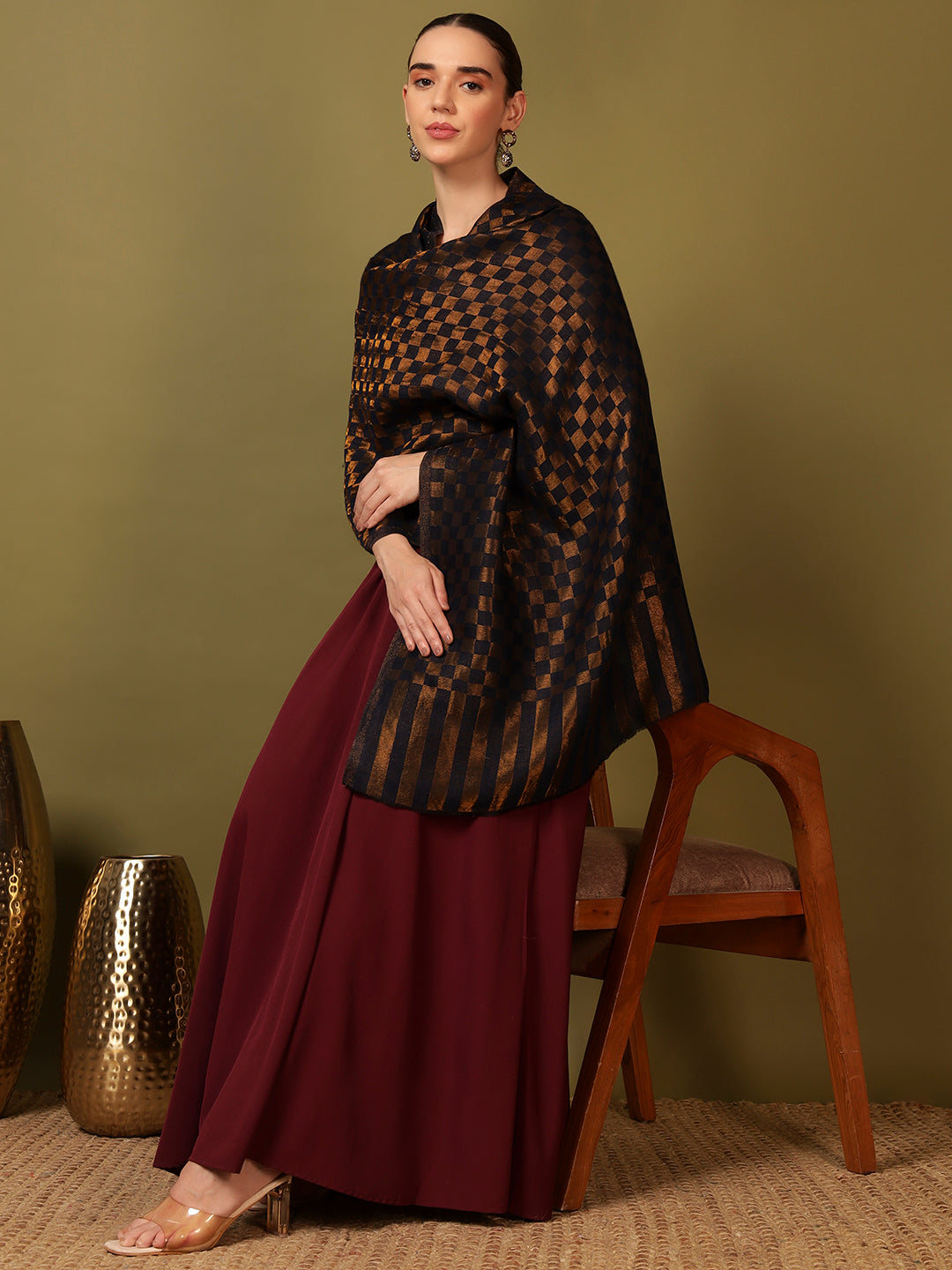 Pashmoda Women Champagne Check Reversible Zari Moonlight Fine Wool Stole (Size: 71x203 Cm)