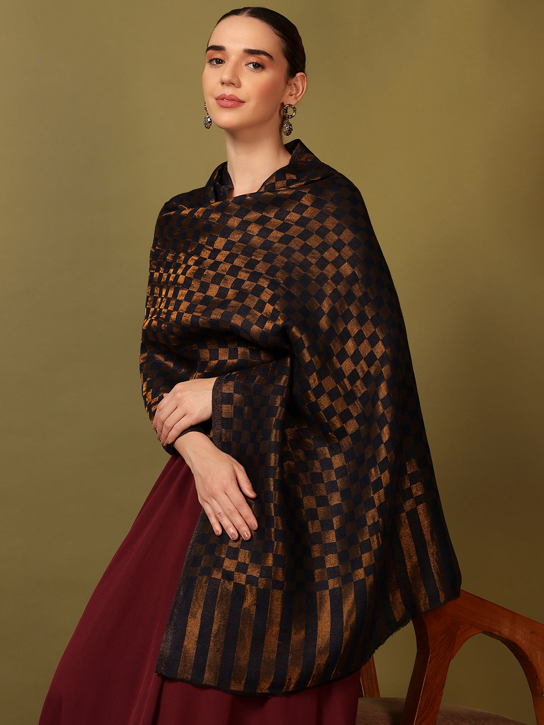 Pashmoda Women Champagne Check Reversible Zari Moonlight Fine Wool Stole (Size: 71x203 Cm)