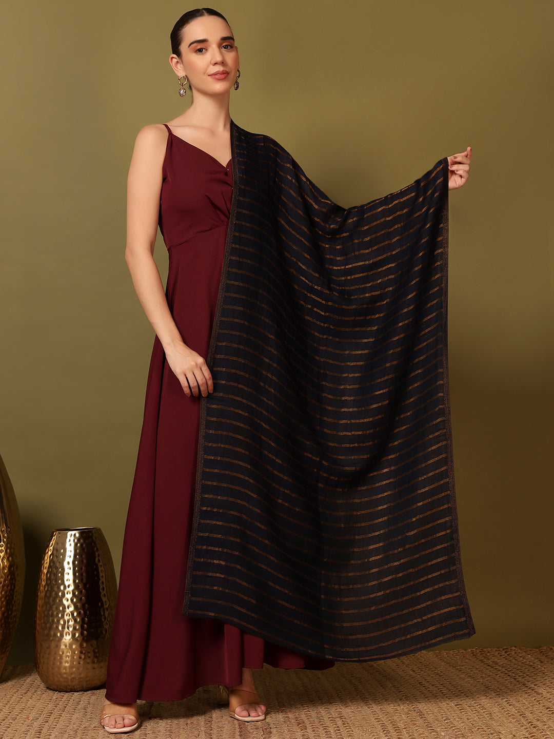 Pashmoda Women Golden Mirage Reversible Zari Moonlight Fine Wool Stole (Size: 71x203 Cm)