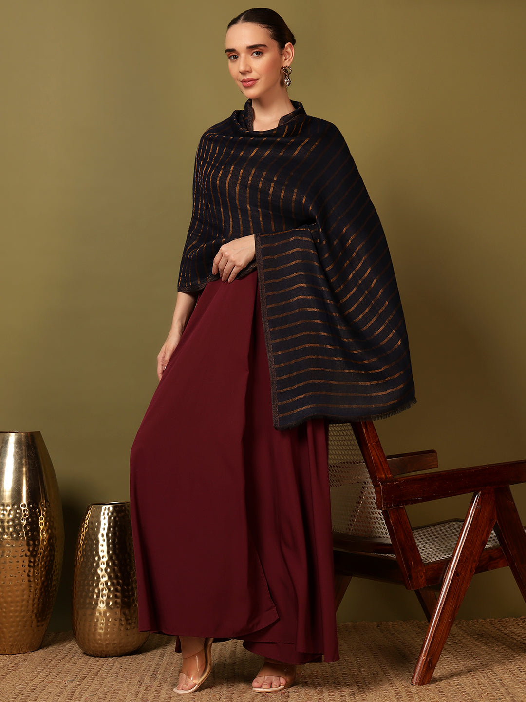 Pashmoda Women Golden Mirage Reversible Zari Moonlight Fine Wool Stole (Size: 71x203 Cm)