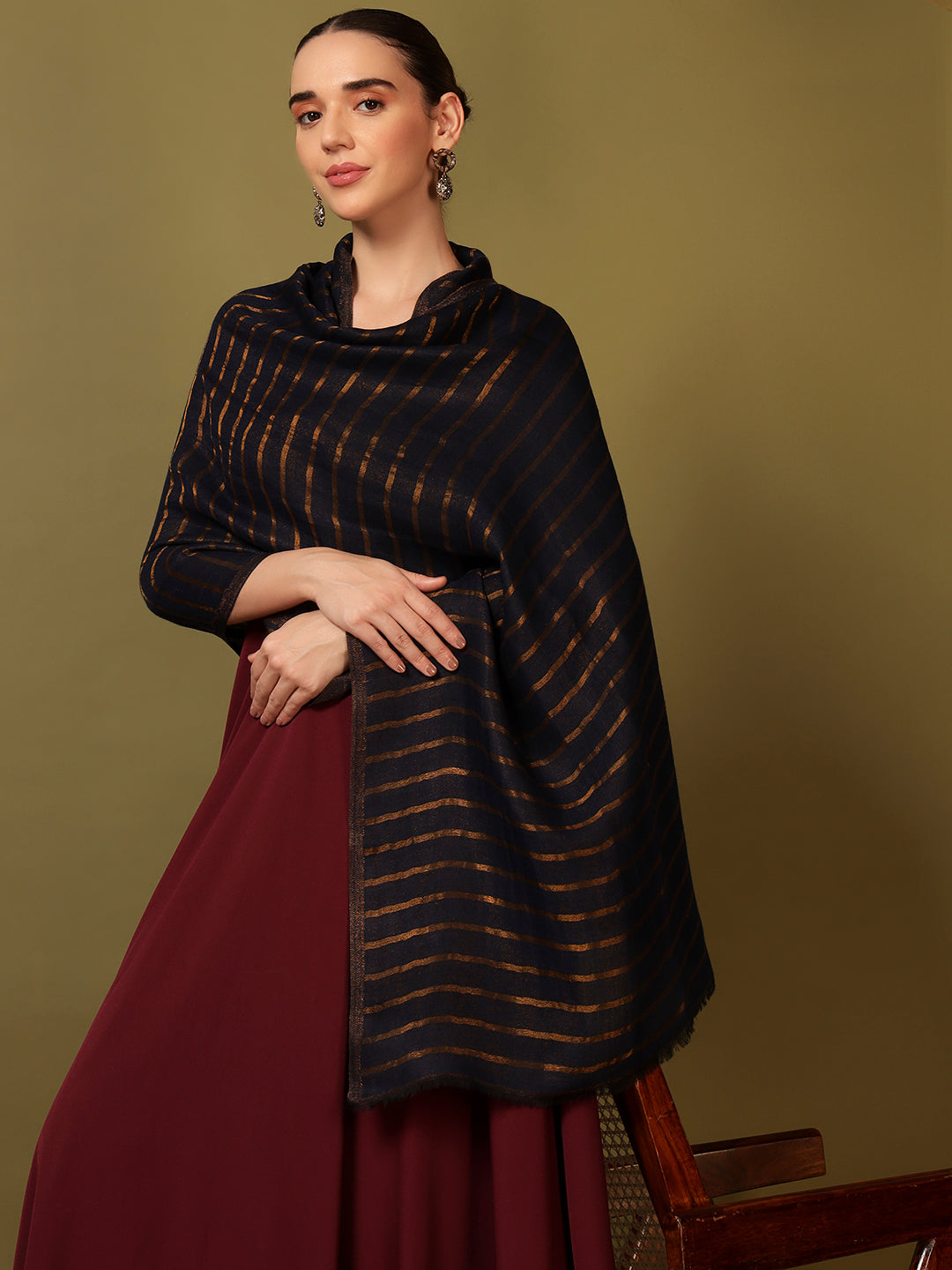 Pashmoda Women Golden Mirage Reversible Zari Moonlight Fine Wool Stole (Size: 71x203 Cm)