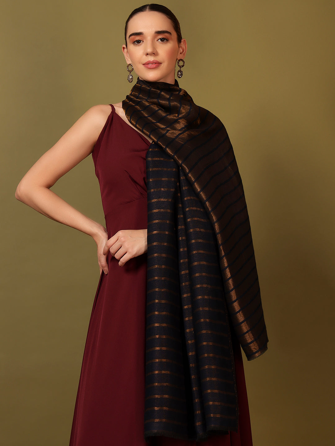 Pashmoda Women Golden Mirage Reversible Zari Moonlight Fine Wool Stole (Size: 71x203 Cm)