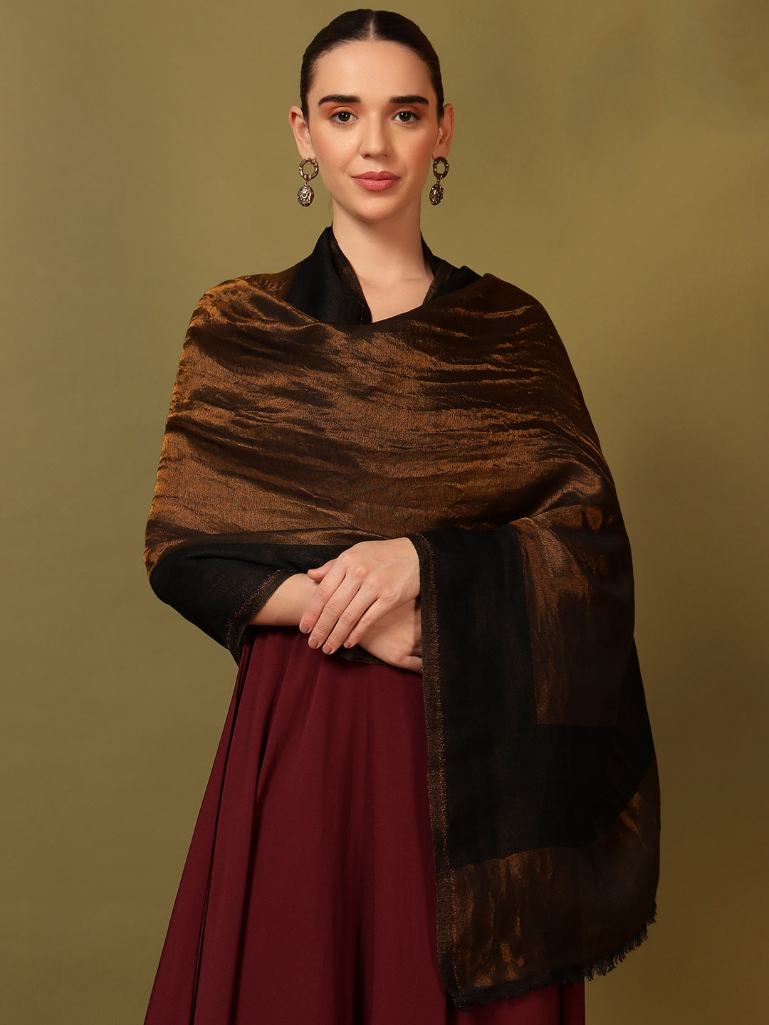 Pashmoda Women Midnight Bronze Reversible Zari Moonlight Fine Wool Stole (Size: 71x203 Cm)