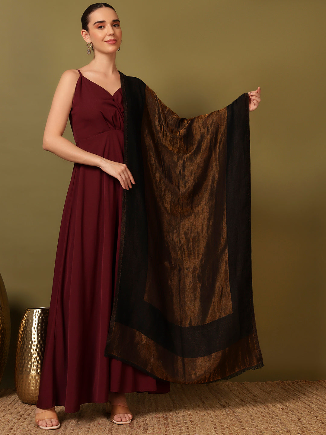 Pashmoda Women Midnight Bronze Reversible Zari Moonlight Fine Wool Stole (Size: 71x203 Cm)