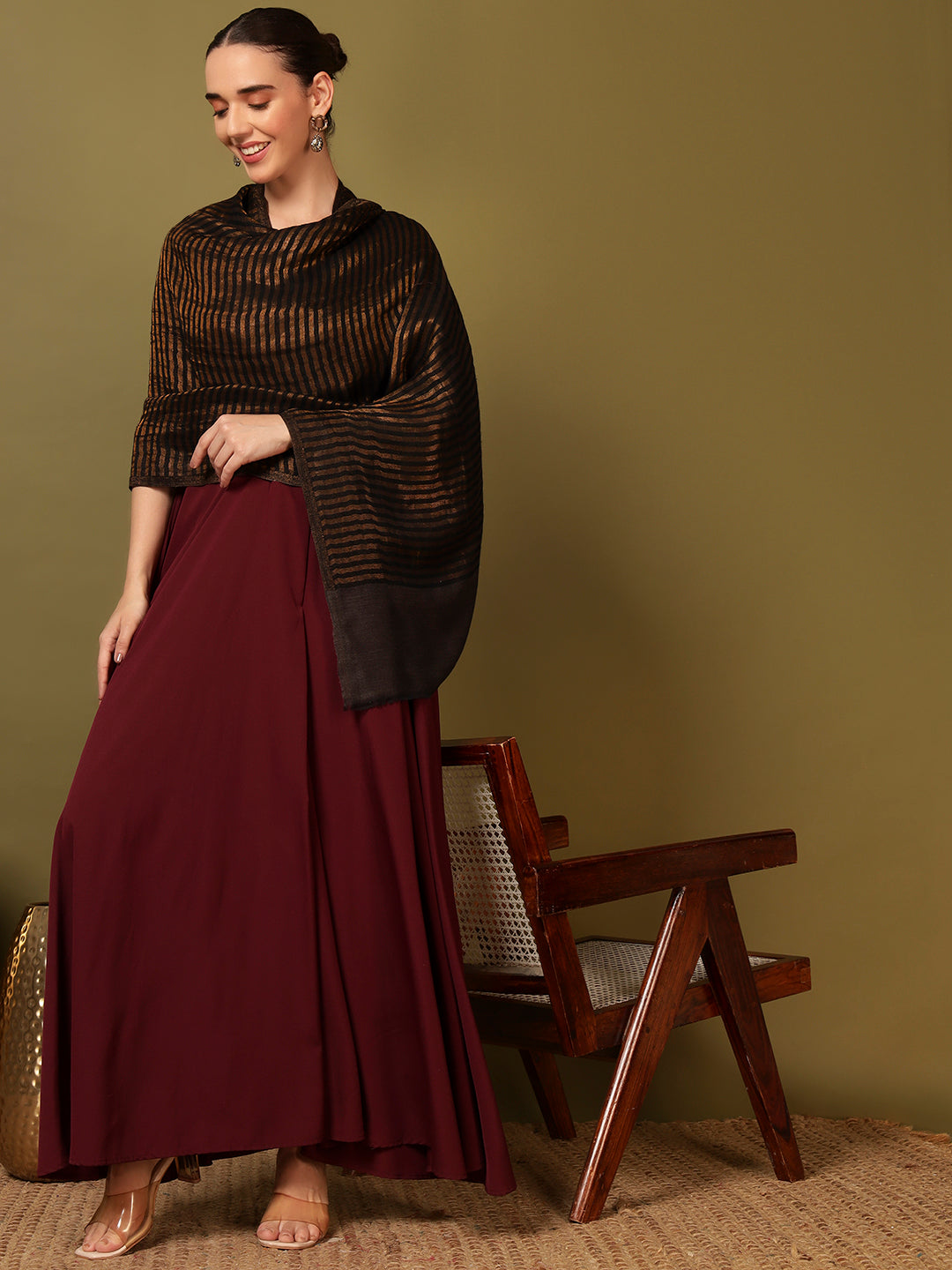 Pashmoda Women Golden Eclipse Reversible Zari Moonlight Fine Wool Stole (Size: 71x203 Cm)