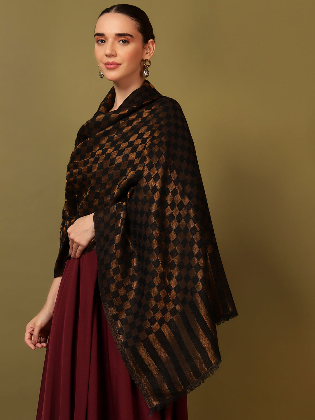 Pashmoda Women Champagne Check Reversible Zari Moonlight Fine Wool Stole (Size: 71x203 Cm)