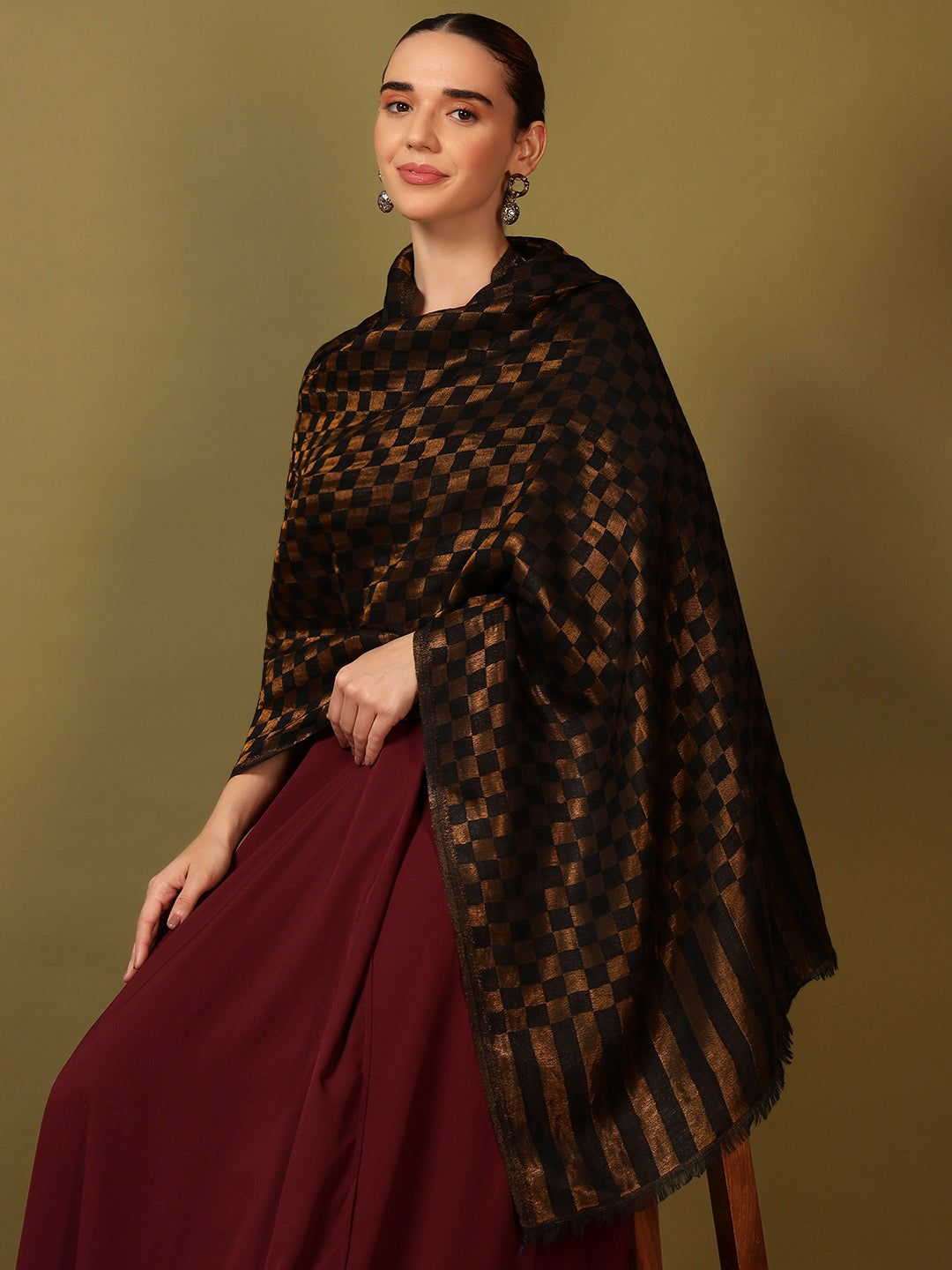 Pashmoda Women Champagne Check Reversible Zari Moonlight Fine Wool Stole (Size: 71x203 Cm)