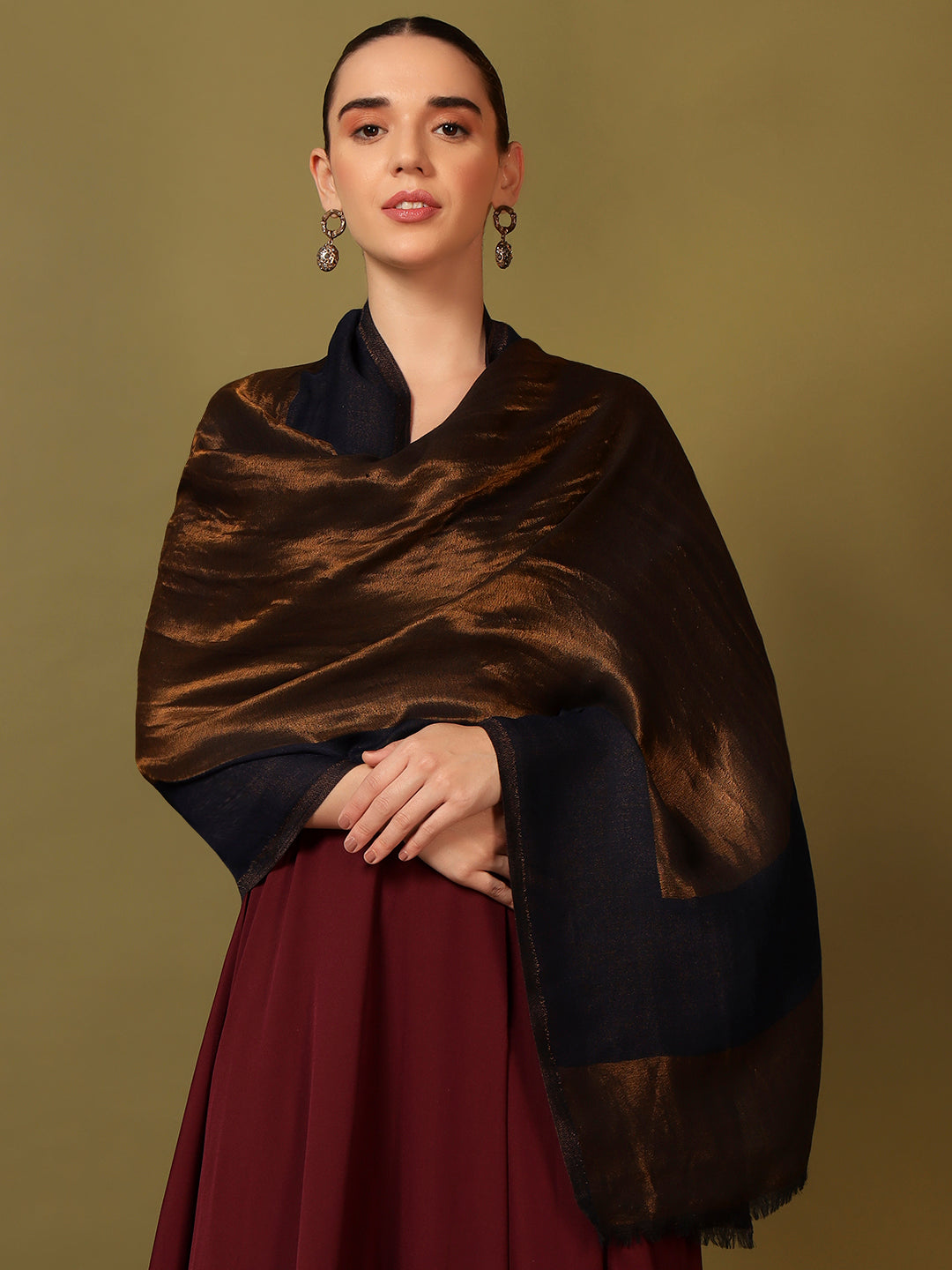 Pashmoda Women Midnight Bronze Reversible Zari Moonlight Fine Wool Stole (Size: 71x203 Cm)