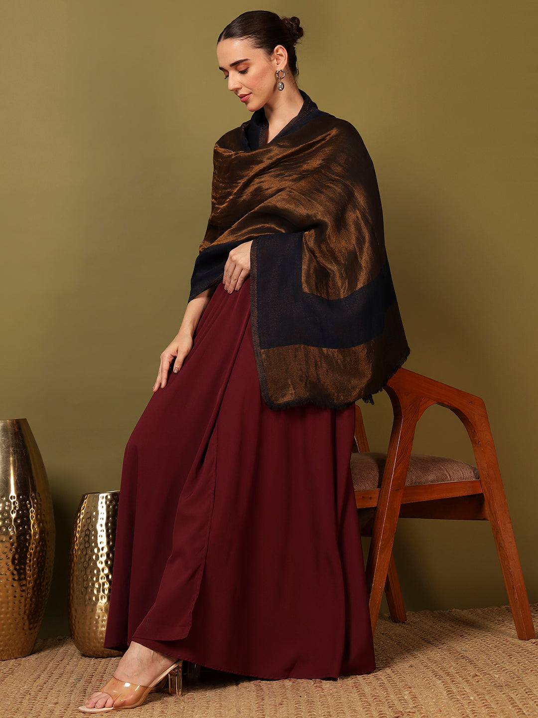 Pashmoda Women Midnight Bronze Reversible Zari Moonlight Fine Wool Stole (Size: 71x203 Cm)