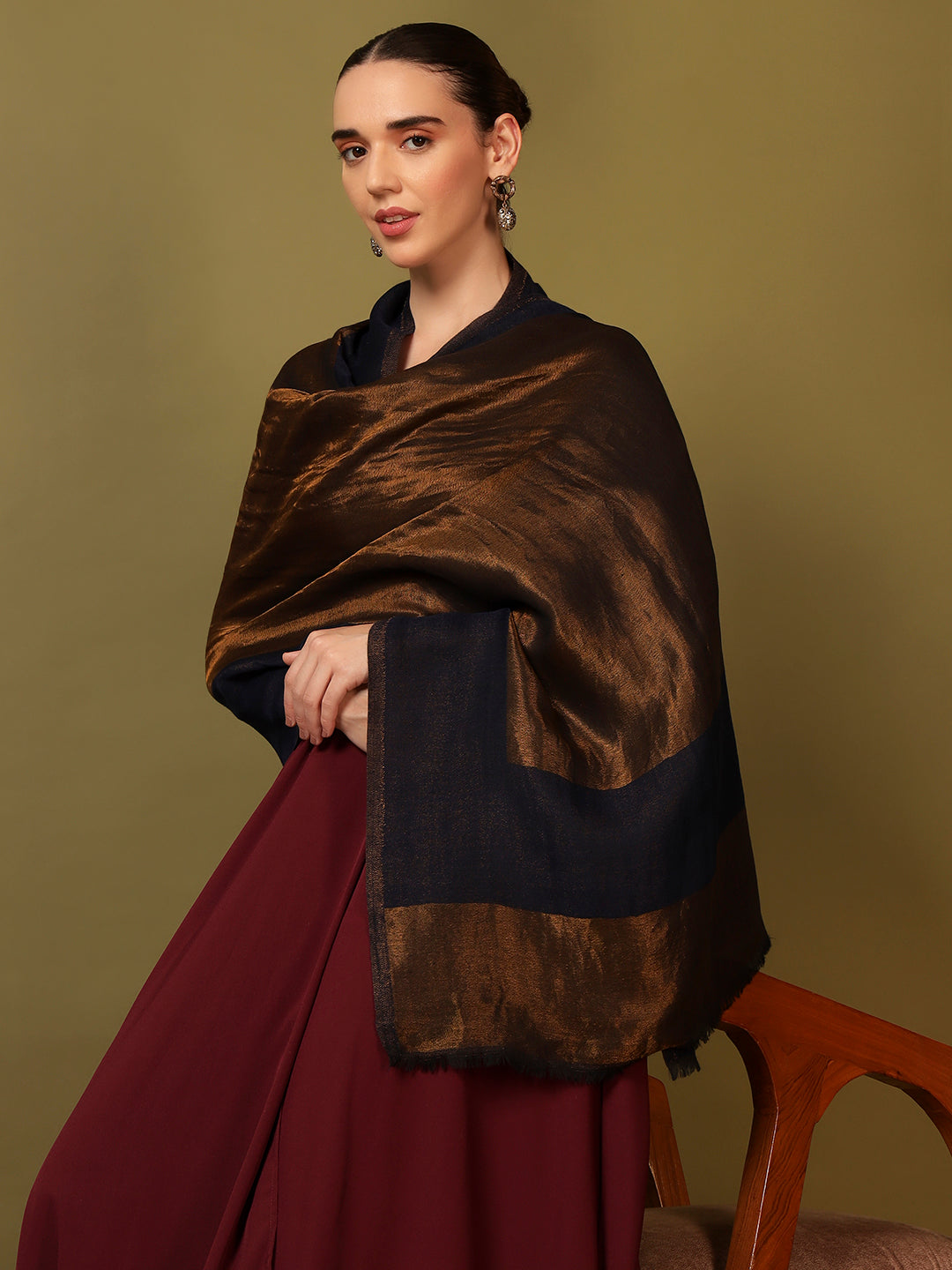 Pashmoda Women Midnight Bronze Reversible Zari Moonlight Fine Wool Stole (Size: 71x203 Cm)
