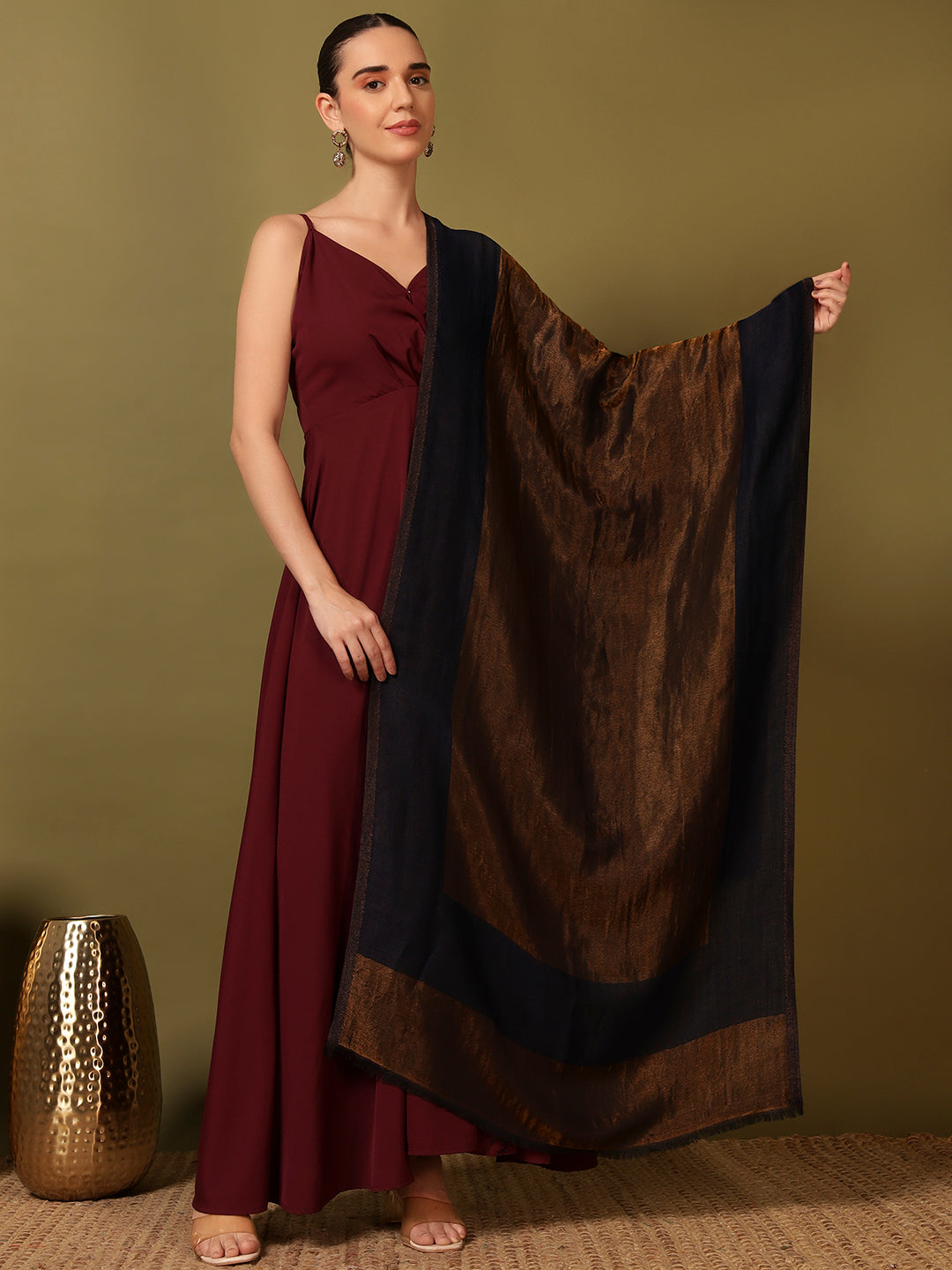 Pashmoda Women Midnight Bronze Reversible Zari Moonlight Fine Wool Stole (Size: 71x203 Cm)